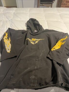 Hanes Black Hoodie with Yellow Flame Sleeve Graphics